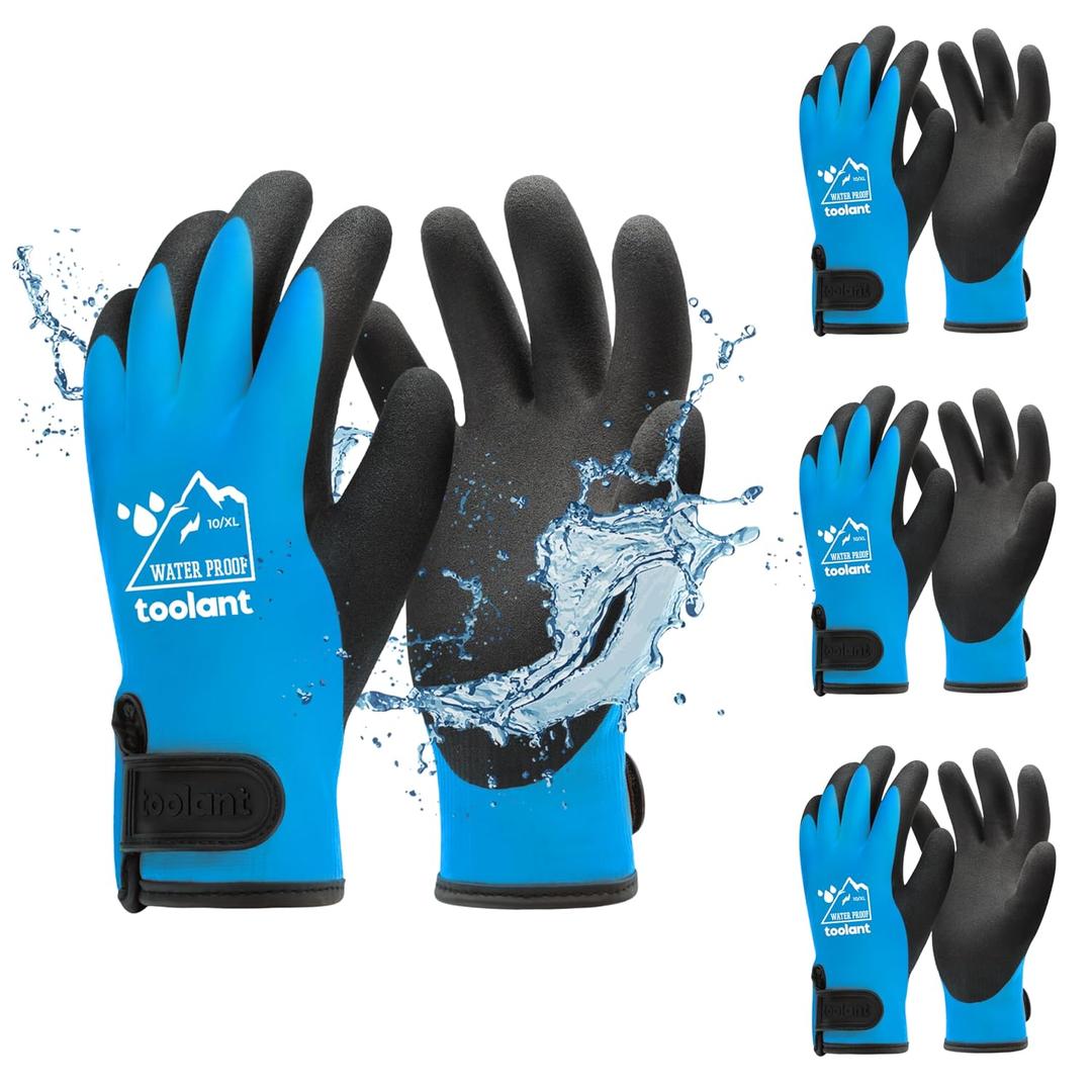 Toolant 100% Waterproof Gloves Bulk Pack, 3 Pairs, Winter Work Gloves for Extreme Cold, Touchsreen, Warm Gloves for Freezer, Fishing and Gardening, with Grip, Blue, X-Large