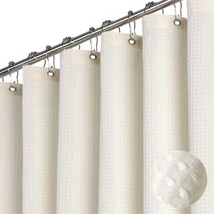 Dynamene Extra Wide Shower Curtain - 84 Inch Wide Waffle Weave Weighted Thick Cloth Bathroom Shower Curtain, Neutral Heavy Duty Hotel Bath Curtain Set with 14 Plastic Hooks, 84x72, Cream/Ivory