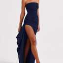 Women's Backless High Split Strapless Prom Formal Dress, S Navy (Blue, S)