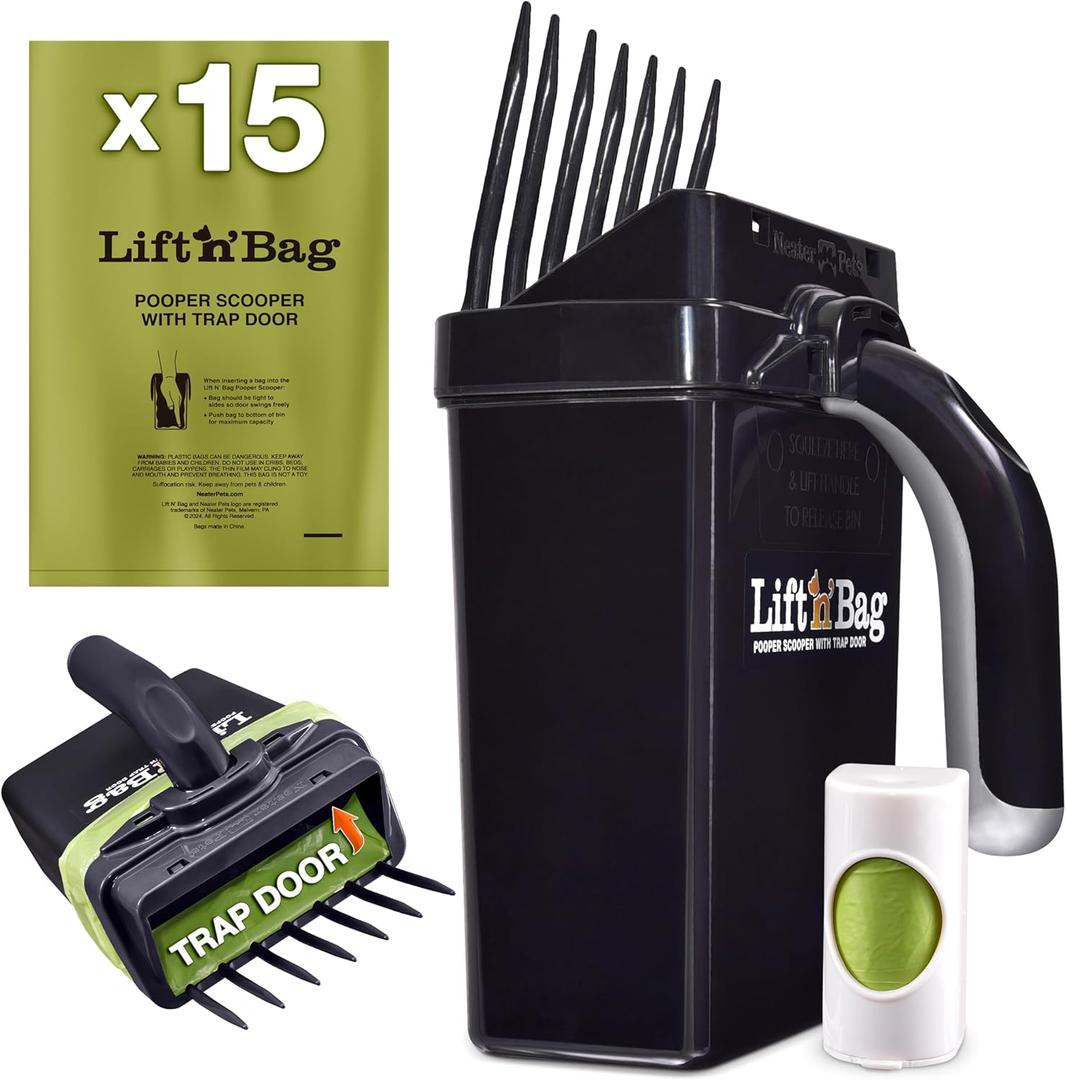 Neater Pet Brands Lift N' Bag Dog Pooper Scooper with Bag Attachment | 15 Bags | Dog Pooper Scooper for Yard & Walks | One-Hand Use | Heavy Duty Poop Scoop for Small to Large Dogs
