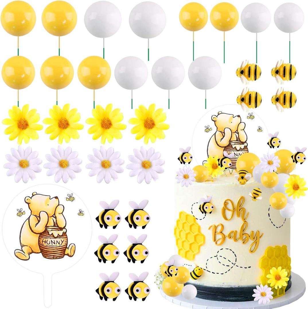 MEMOVAN Winnie Bear Cake Topper Winnie Baby Shower Cake Decorations Pooh Bear Toppers Yellow White Balls Cupcake Picks with Classic Pooh Bees Daisys Flowers for Oh Baby Bee Theme Shower Birthday Party (1)