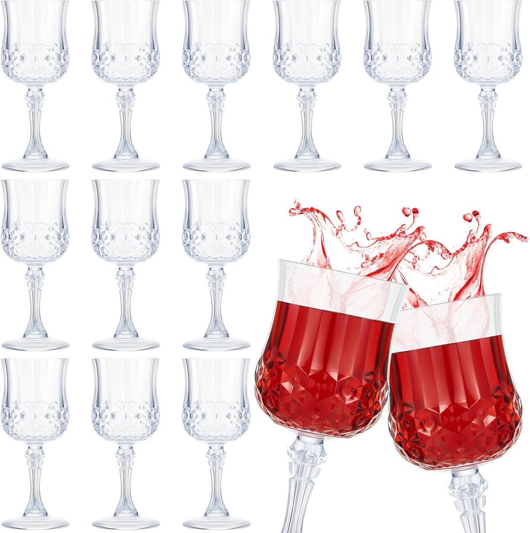 Pinkunn 12 Pcs 7 OZ Plastic Vintage Glasses Reusable Colored Goblets Patterned Drinking Water Glasses Cup Dishwasher Safe for Wedding Reception Party Supplies (Transparent)