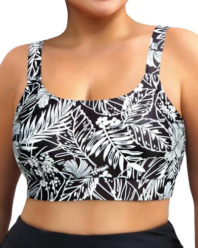 Daci Women Plus Size Sports Bra Bikini Top Only Push Up Scoop Neck Swim Top Full Coverage Bathing Suit for Large Bust Black Floral 16 Plus