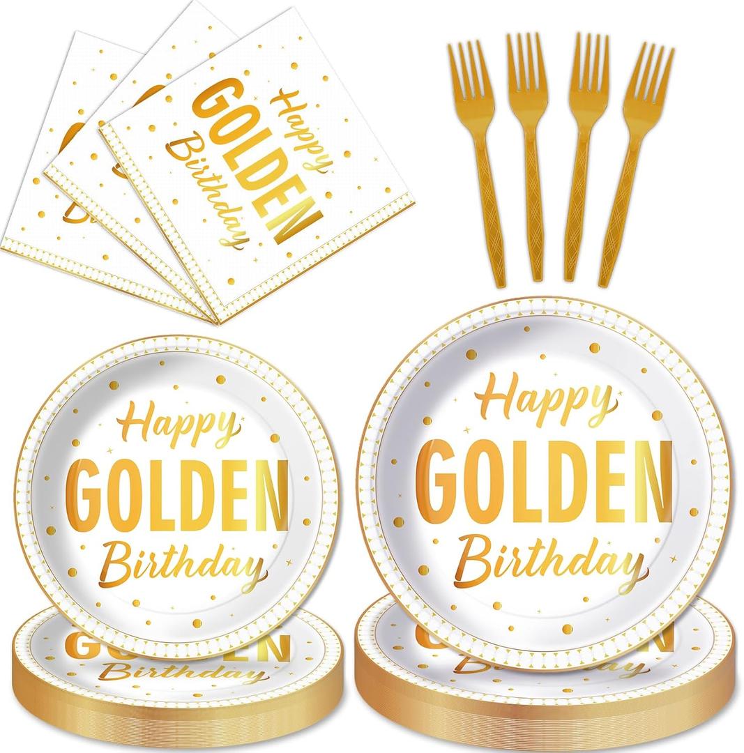 100Pcs Happy Golden Birthday Party Decorations White Gold Glitter Disposable Paper Plates Napkins Golden Birthday Girls Boys Men Tableware Set for 25 Guests Gold Baby Shower Party Supplies Favors