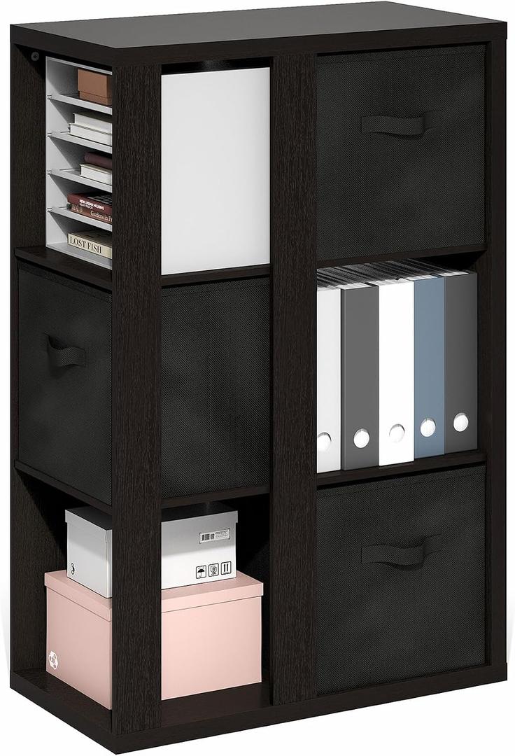 Furinno Viola 3-Tier Book Shelf, Bookshelf, Cube Storage, Dark Oak/Black | Open Shelf Organizer Bookcase, with Storage Bins, 13.6 x 29.3 x 43.8, for Living Room, Bedroom, Home Office