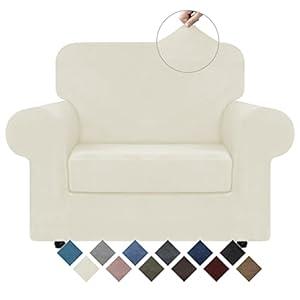 WEERRW Velvet Stretch Chair Sofa Slipcover - 2 Pieces Luxury Soft Velvet Plush Couch Cover Furniture Protector with Elastic Bottom for Pets, Machine Washable, Ivory, Small