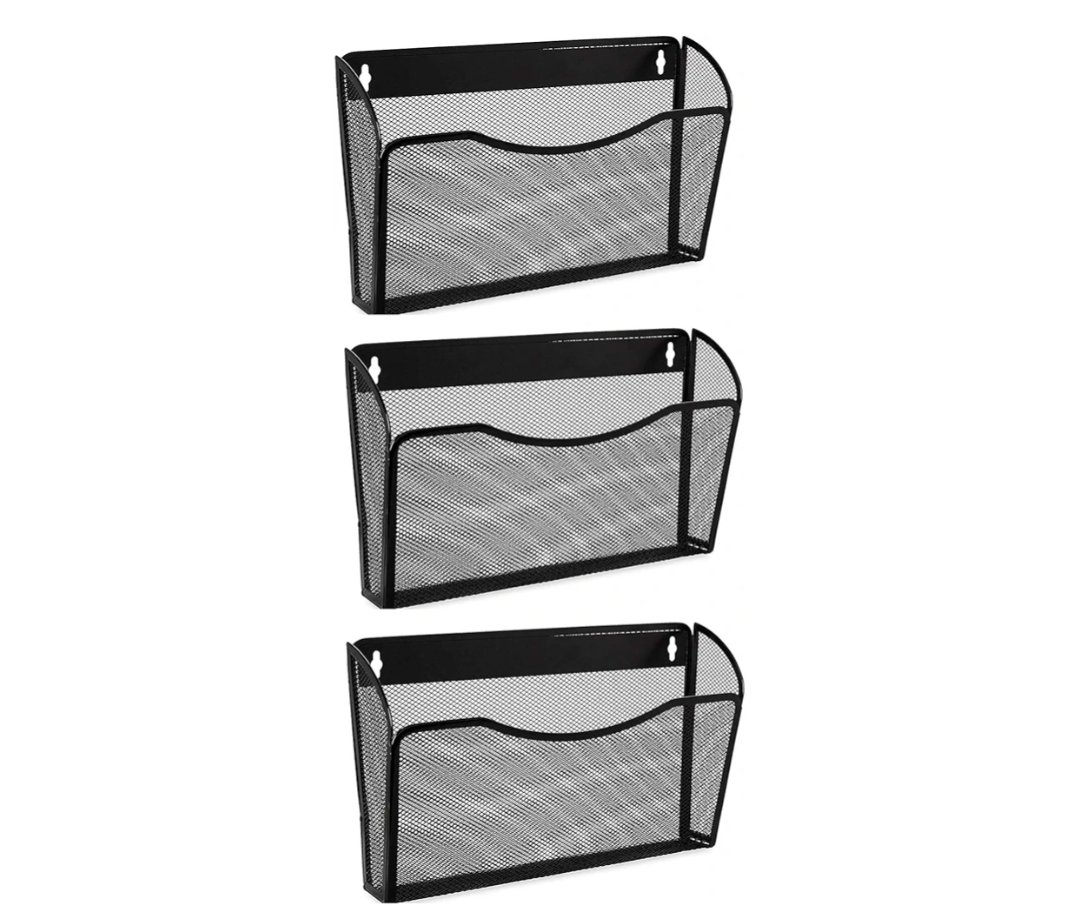 EASEPRES 3 Single Pocket Mesh Hanging File Organizer, Vertical Wall Mounted Magazine File Holder, Mount Basket Mail Paper Document Folder Organizing for Office, Home and School, Black