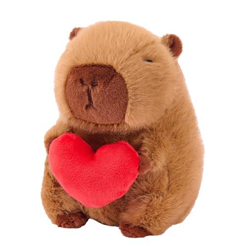 Karoeiwa Loving Capybara Plush with Holding Red Heart 9 inch Cute Capibara Stuffed Animal Soft Plushies Toys for Valentine's Day Romantic Anniversary Sweet Gifts for Kids Girlfriend Her Him Brown