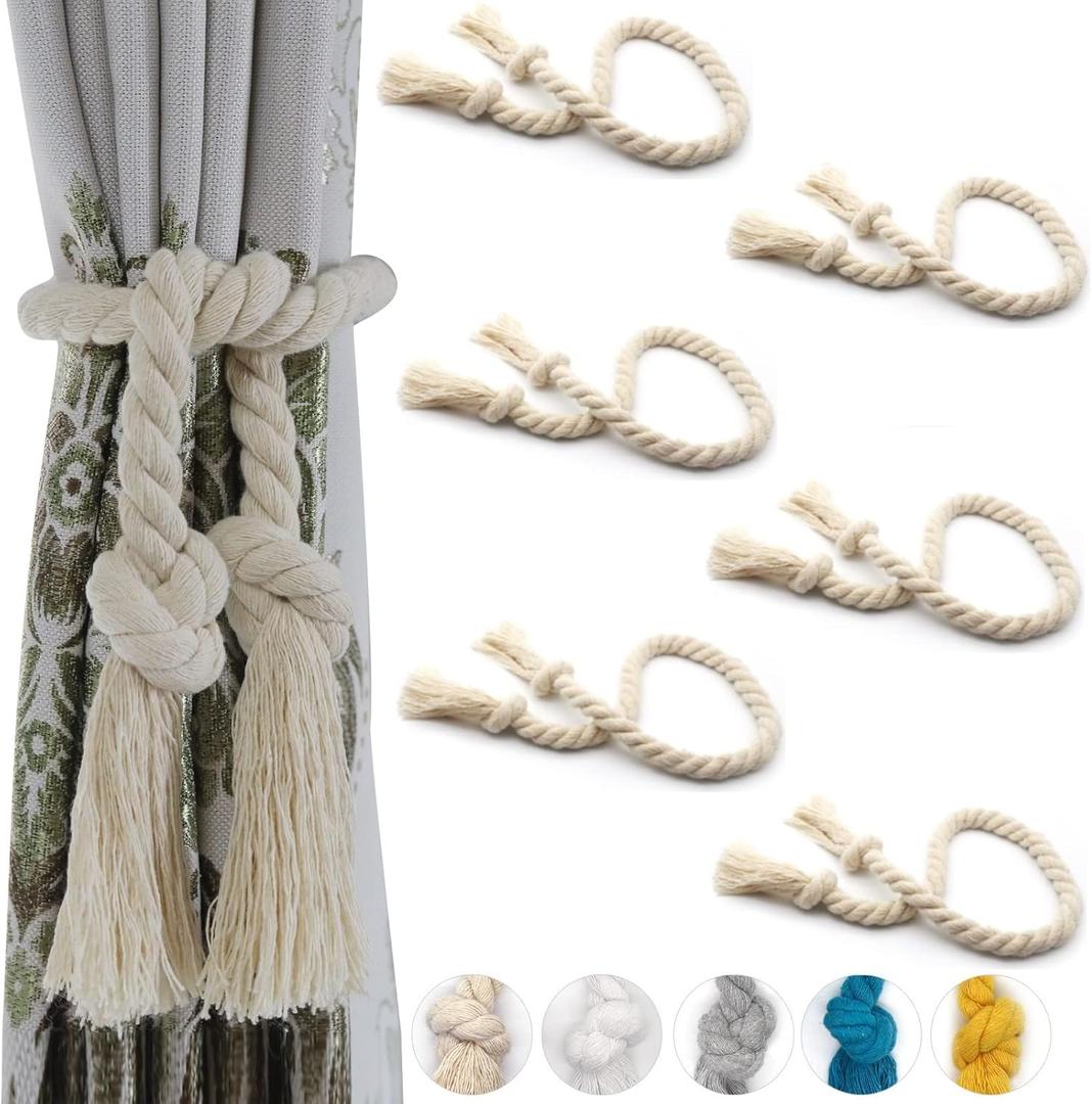 6 Pack Curtain Tiebacks, Outdoor Curtain Ties, Natural Cotton Curtain Holders, Village Rural Rustic Curtain Holdbacks, Farmhouse Boho Rope Curtain Tie Back for Drapery Patio, Beige