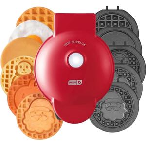 DASH Multimaker with 7 Removable Plates: Waffle Iron & Griddle + 3 Themed Plates - Santa Pumpkin Snowman - Mini Waffle for Halloween and Christmas Holidays - for Kids and Families (Red)