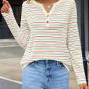 MEROKEETY Women's Fall Long Sleeve Striped Henley Tops V Neck Dressy Casual Loose Shirt 2025 Trendy Blouse (L)