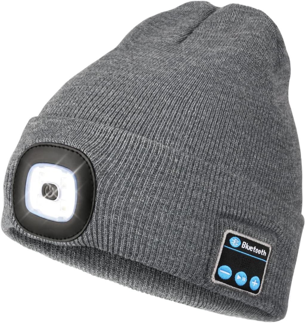 Wmcaps Bluetooth Beanie with a Light, Unisex USB Rechargeable 4 LED Fashlight Hat with Cordless Headphones, Unique Christmas Birthday Gifts for Men Him Husband Teen Grey 