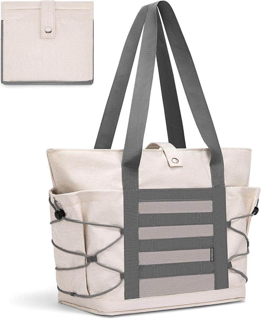 BOSTANTEN Travel Tote Bags for Women Foldable Beach Bag Waterproof Zipper Gym Sports Shopping Bag Trolley Sleeve (A-off-white With Gray)