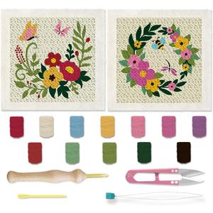 BEUNITONE 2 Sets Flower Punch Needle Kits Butterfly Beginner Punch Embroidery Kits with Frame Embroidery Starter Kits Punch Stitching Kit with Instruction for Wall Hanging Painting 9.4'' x 9.4''