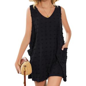 Beach Swimsuit Cover Up for Women, Swiss Polka Dot Bathing Suit, Classic V Neck Dress with Pockets (Size Large, Black)