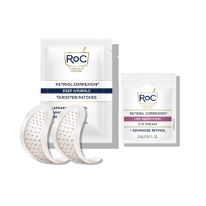 RoC Retinol Correxion Deep Wrinkle NonInvasive Targeted Patches with Hyaluronic Acid + Firming Peptides for Forehead, 11 Lines, Crow’s Feet and Laugh Lines, (6 Patches) with Retinol Eye Packette