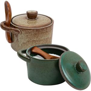 Speckled Ceramic Salt Cellar with Lid and Wooden Spoon, 2 Pcs Elegant Salt Container for Countertop, 8.7 OZ Salt Bowl for Mothers Day, Valentines, Housewarming (Green & Retro Color)