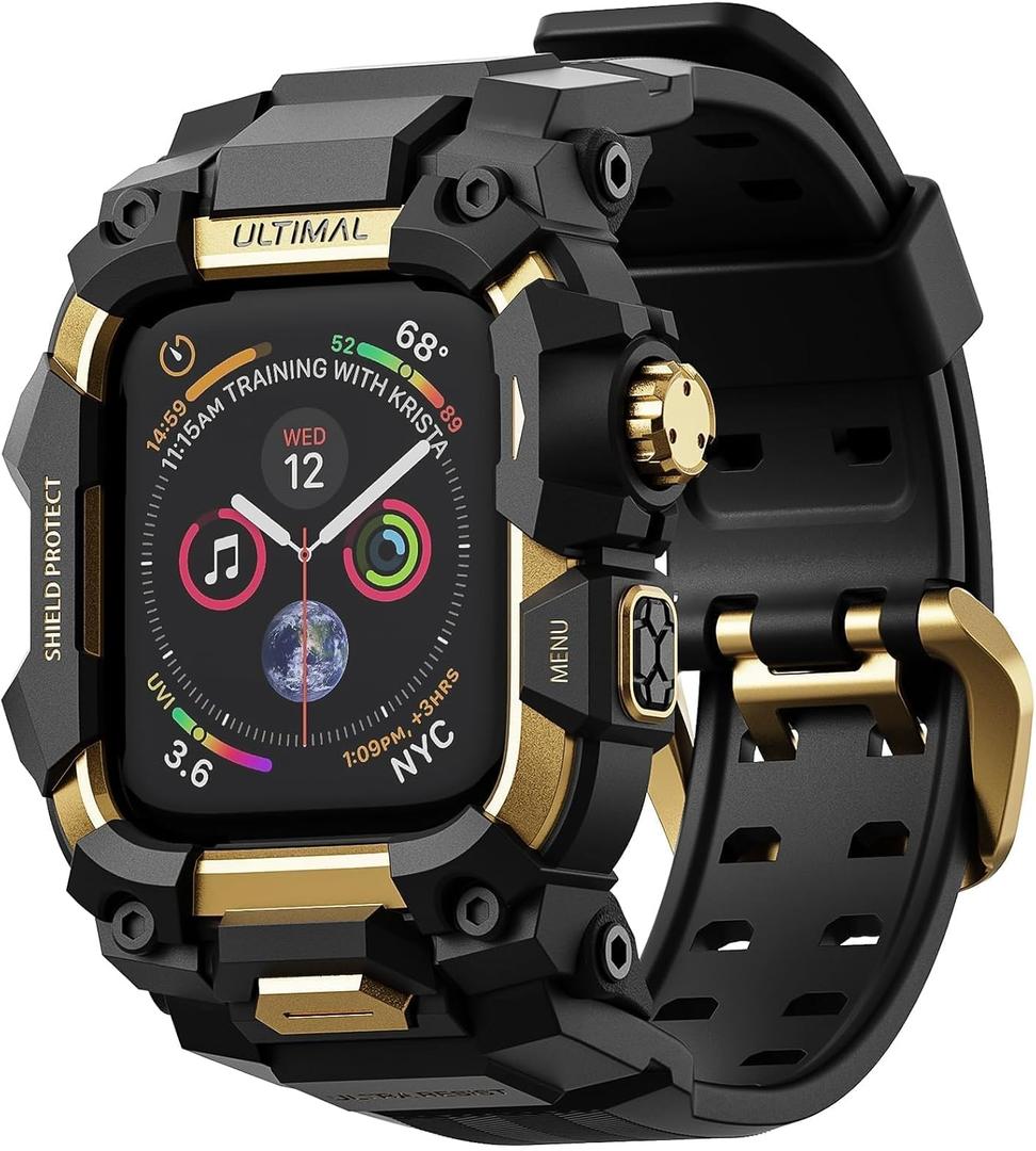 ULTIMAL Rugged Case with Band for Apple Watch 45mm, Compatible with Apple Watch Series 9/8/7 45mm, Military Grade Shockproof Bumper Cover for iWatch Tactical Band (45mm, Gold)