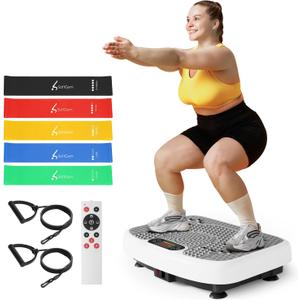 SoftGym Vibration Plate Exercise Machine for Lymphatic Drainage,Power Vibrate Stand Shake Board 450 Lbs Capacity Whole Body Workout Waver with Fitness Resistance Bands Weight Loss Gifts for Women Men