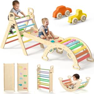 BlueWood Pikler Triangle Set 7in1 Foldable Baby Climbing Toys Wooden Montessori Climbing Set with Arch&Ramp&Ladder Baby Climber Indoor Jungle Gyms for Toddlers Montessori Toys - Colorful, Medium, Small