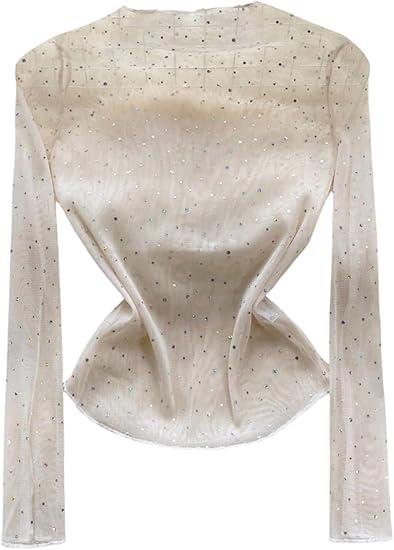 GORGLITTER Women's Sparkly Sequins Mesh Sheer T Shirt Long Sleeve Mock Neck Slim Tops, M