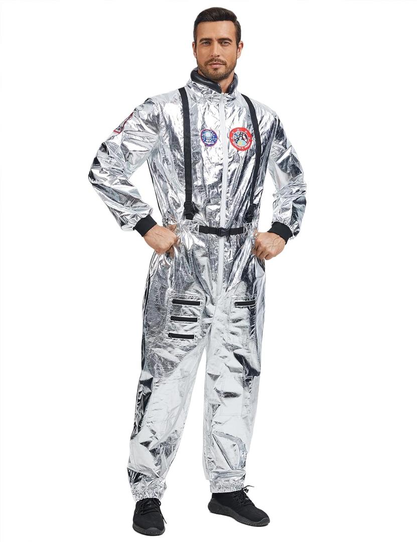 Adult Astronaut Costume Men, Unisex Outer Space Costume Women Spaceman Shiny Space Suit Halloween Costumes Spaceman (Small, Sliver)