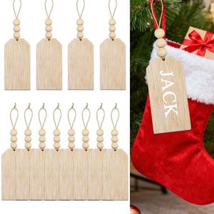 Christmas Hanging Decorations - 12PCS Christmas Stocking Name Tags for Family Members, Personalized DIY Farmhouse Wooden Stockings Tags, Pre-Strung Wooden Gift Tag with Beads for Xmas Stocking Decor