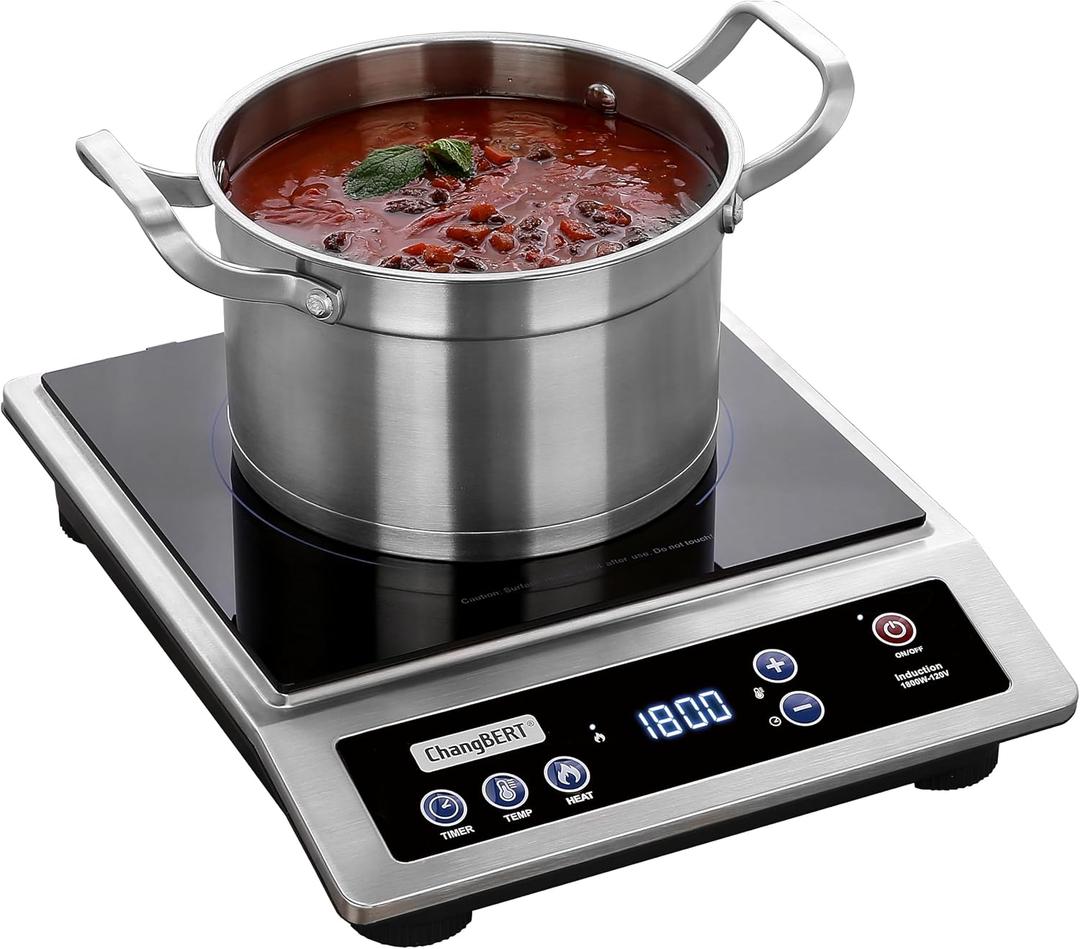 ChangBERT Induction Cooktop, Commercial Grade Portable Cooker, Large 8 Heating Coil, Premium Stainless Steel Countertop Burner with NSF Certified, 10 Hours Timer Powerful 1800W Professional Hot Plate