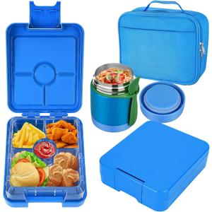 Bento Lunch Box Set for Kids with 10oz Soup Thermo, Leak-Proof Lunch Containers with 4 Compartment, Thermo Hot Food Jar and Insulated Lunch Bag for Kids to School,BPA-Free(Blue)