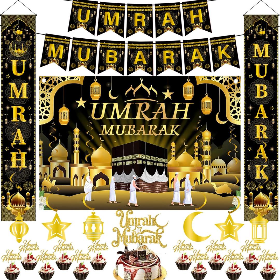 Umrah Mubarak Decorations Ramadan Banner - 25 Pcs Black Gold Hajj Ramadan Decor door Banner Backdrop hanging Swirls Cake Cupcake Toppers For Lslamic Muslim Al Fitr Eid Party Favors