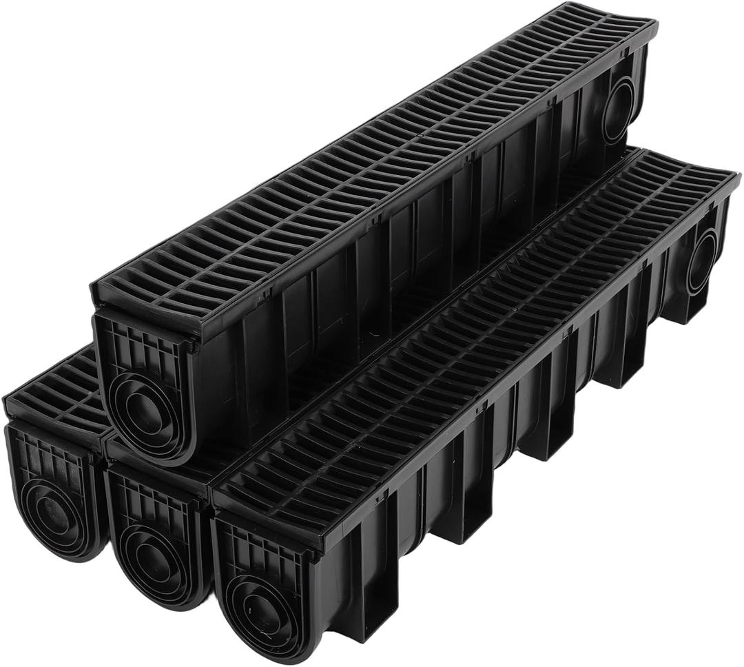 Trench Drain System, Channel Drain with Plastic Grate, 5.9x7.5-Inch HDPE Drainage Trench, Black Plastic Garage and Garden Drain, 4x39 Trench Drain Grate, with 4 End Caps-4 Pack