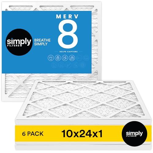Simply 10x24x1 Air Filter, Merv 8, MPR 600, 6 Pack, For Home AC Furnace & HVAC (Actual Size: 9.75"x23.75"x0.75") DUST, Pet, & Allergy Control
