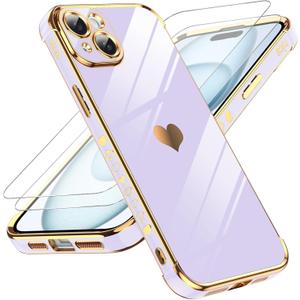 LeYi for iPhone 15 Plus Case: with Tempered Glass Screen Protector [2 Pcs]+ Full Camera Lens Protection,Love Heart Plating Girly Cute Luxury Soft TPU Shockproof Case for iPhone 15 Plus,Purple