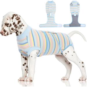 FUAMEY Recovery Suit for Dogs After Surgery,Soft Breathable Dog Bodysuit E-Collar & Cone Alternative Surgical Suit,Male Female Dog Neuter Spay Suits Anti Licking Wounds Onesie Blue Yellow Stripes S (S(Back:11.4-13.4in,WT:7-15lbs))