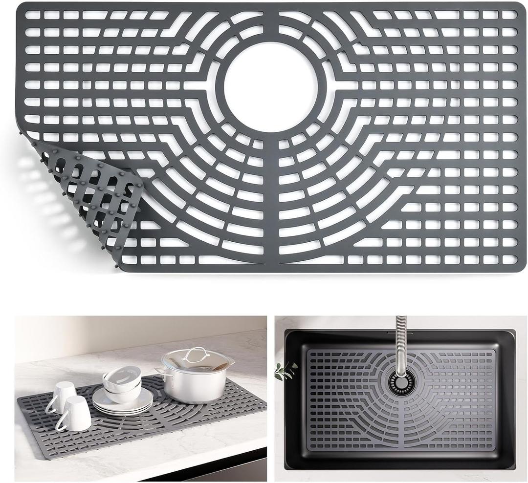Snuggery Silicone Sink Protector 30"x16" Rear Drain Hole, Heat Resistant Non-slip Dishwasher Suitable, Large Sink Mat for Bottom of Farmhouse Kitchen Stainless Steel Sinks
