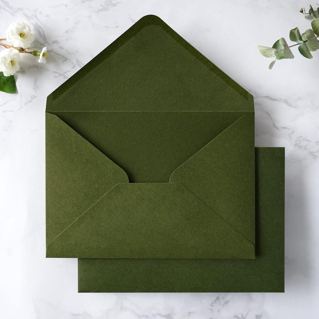 PONATIA 50 PCS/Pack A7 Envelopes, 5.25 x 7.25'' Olive Green Envelopes For 5x7'' Weddings Invitation Cards, Christmas Gift Cards, Acrylic Invitations, Photos and Any 5x7" Inserts