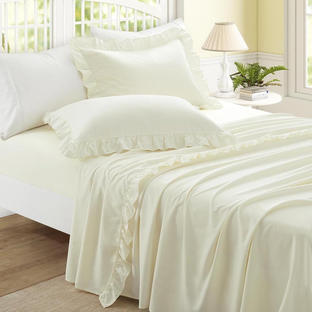 3 Pieces Ruffle Twin Sheet Set, Beige Bed Sheets Twin Size