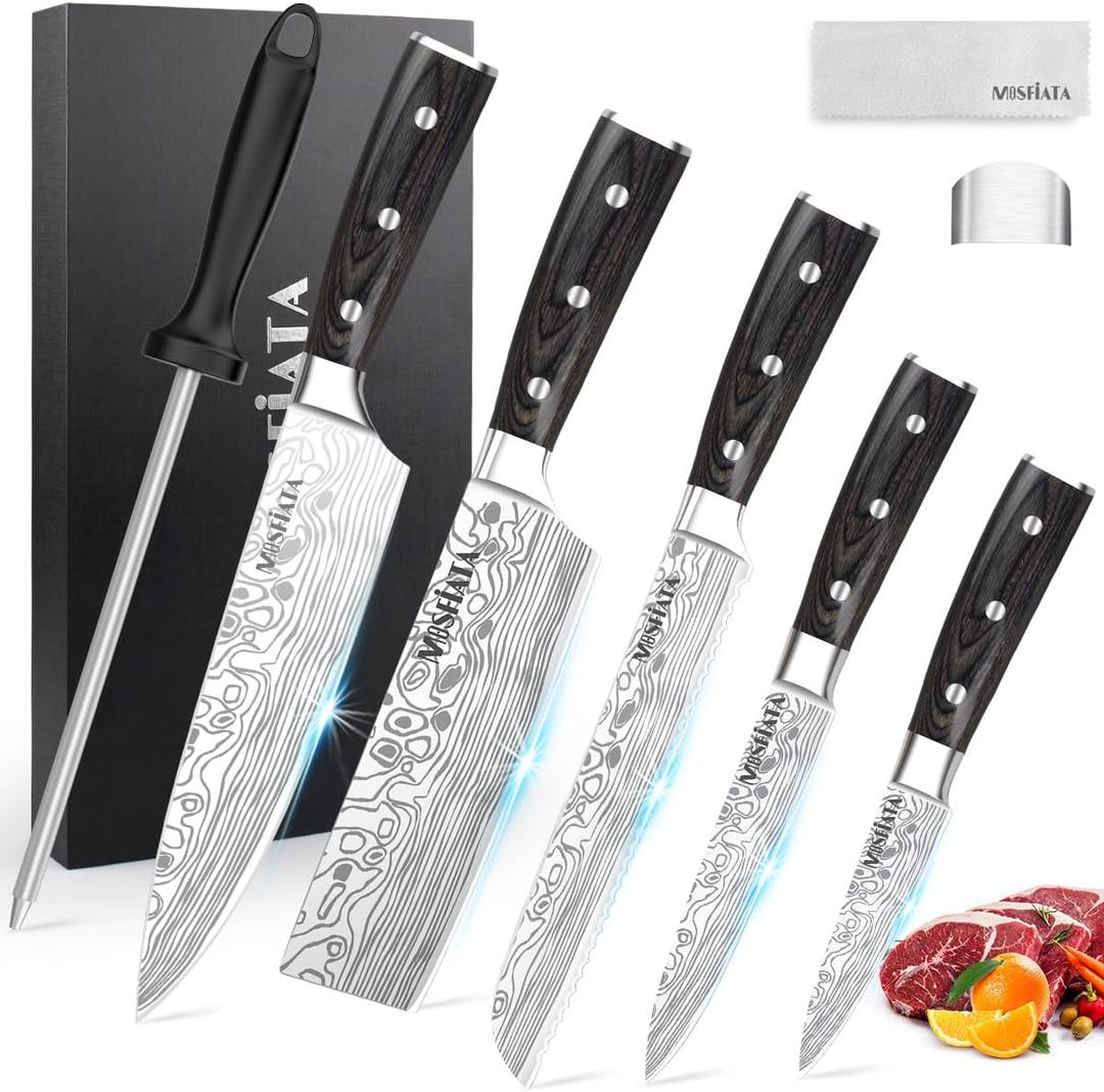 MOSFiATA 5 PCS Chef Knife Set, German High Carbon Stainless Steel Kitchen Knife Set with Sharpener Rod5PCS Blade Guard,Wood Handle Knives Set for Kitchen with Gift Box