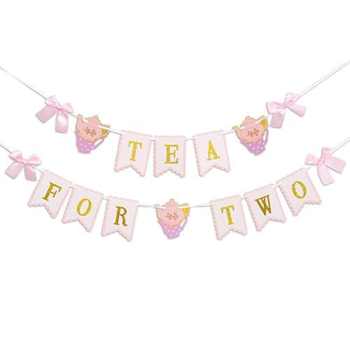 Raoformi Tea for Two Banner - Tea Party Decorations for Girls,Floral 2nd Birthday Hanging Garland,Teapot Lets Par-Tea Garden Decoration