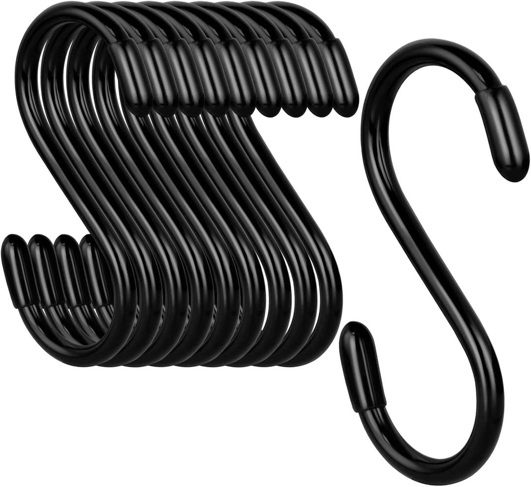 3 Inch Vinyl Coated S Hook,S Hooks for Hanging Plants ,10 Pack Non Slip Heavy Duty S Hooks ,Small Rubber Coated Steel Metal Black Closet S Hook for Hanging Jeans Plants Jewelry Pot Pan Cups Towels (Black)
