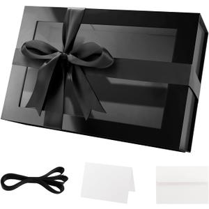 Large Black Gift Box with Window, 13.5x9x4.1 Inches Clear Gift Box for Present Contains Ribbon, Card, Groomsman Proposal Box with Magnetic Lid (Glossy Black)