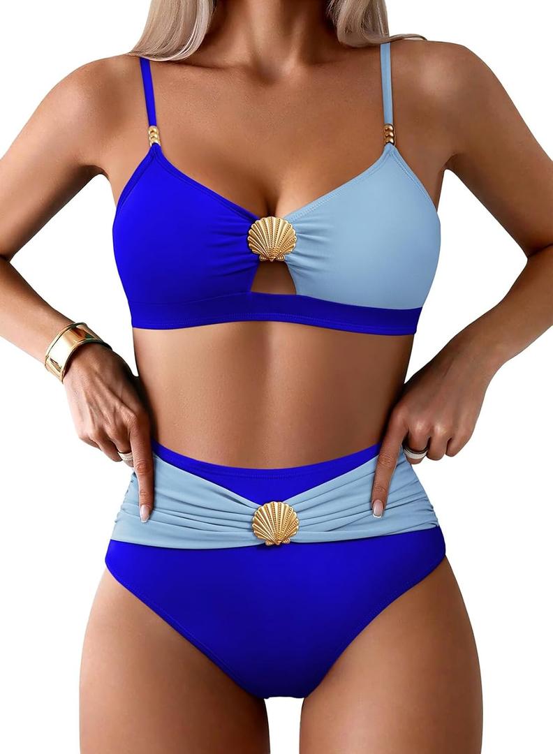 Pink Queen Women's 2 Piece Bikini Set 2026 Seashell Cutout Swimsuit High Waist Tummy Control Summer Beach Swim Bathing Suits (Blue, L)