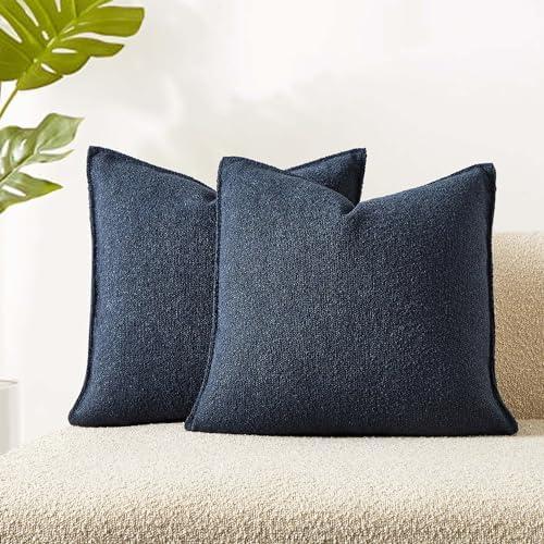 JUSPURBET Navy Blue Boucle Broadside Throw Pillow Covers 18x18 inch Set of 2 for Couch Bedroom Sofa Living Room Decorative Soft Thick Curly Textured Cushion Covers Boho Pillow Cases with Hidden Zipper