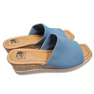 SM New York NIB Blue Wedge Mule Sandals Cork Platform Textile Upper US 8