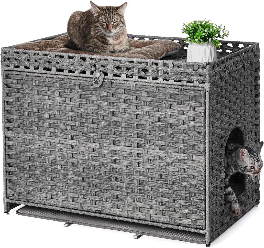 Cat Litter Box Enclosure with Soft Litter Mat; Hidden Kitten Washroom Furniture with Door; Handwoven Rattan Cat House with Large Space; Pet Crate for Living Room, Bedroom, Balcony (Grey) (30.3'' L x 18.2'' W x 24.2'' H)