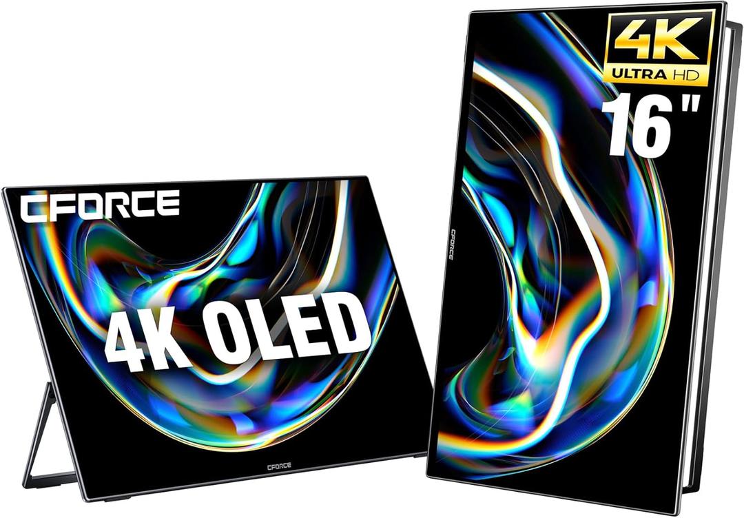 c-force Portable Monitor 4K OLED 16-inch 10bit w/VESA & 180 Adjustable Stand, Ultra-Slim & Lightweight HDR Gaming Display, USB C Travel Second Monitor for Laptop Phone Mac Xbox PS5 Switch, Metal Body