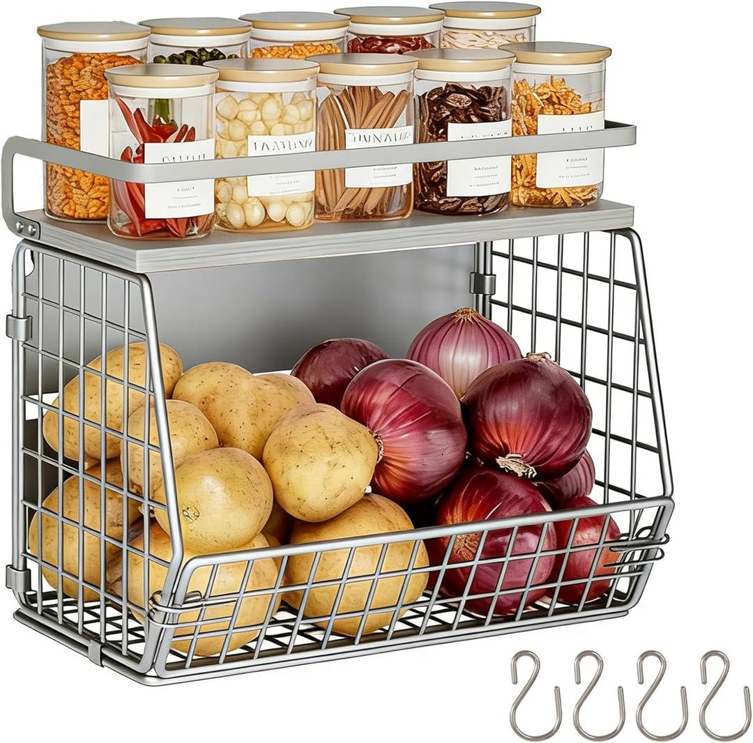 Magnetic Shelf for Fridge,Onion and Potato Spice Snacks Fruit and Vegetable Storage and Organizer,Hanging Wire Basket for Pantry,Kitchen Counter,RV and Laundry (1 PCS, Gray)