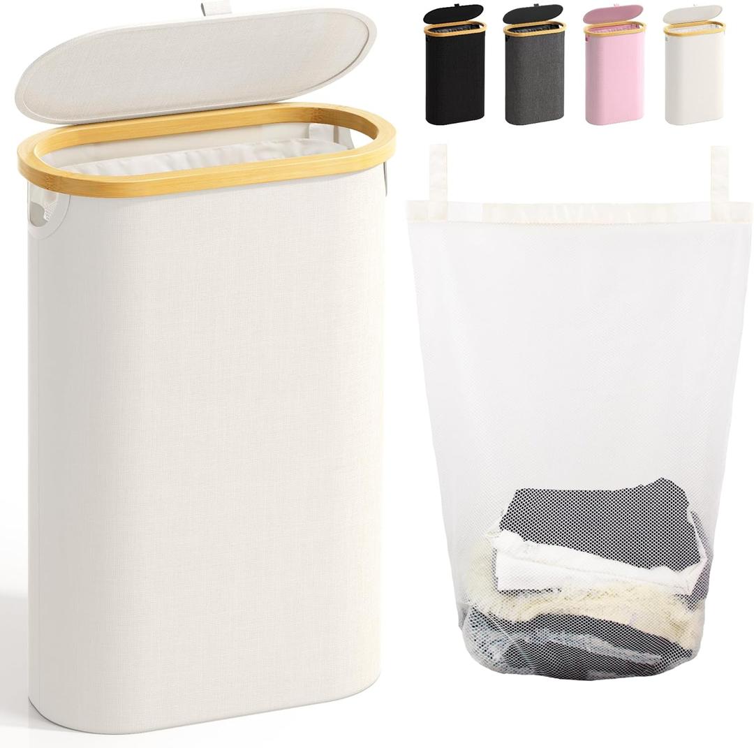 Slim Laundry Hamper with Lid, 60L Small Laundry Basket with Handles&Removable Bag, Thin Dirty Clothes Hampers for Laundry, Narrow Laundry Hampers for Bedroom Aesthetic, Beige