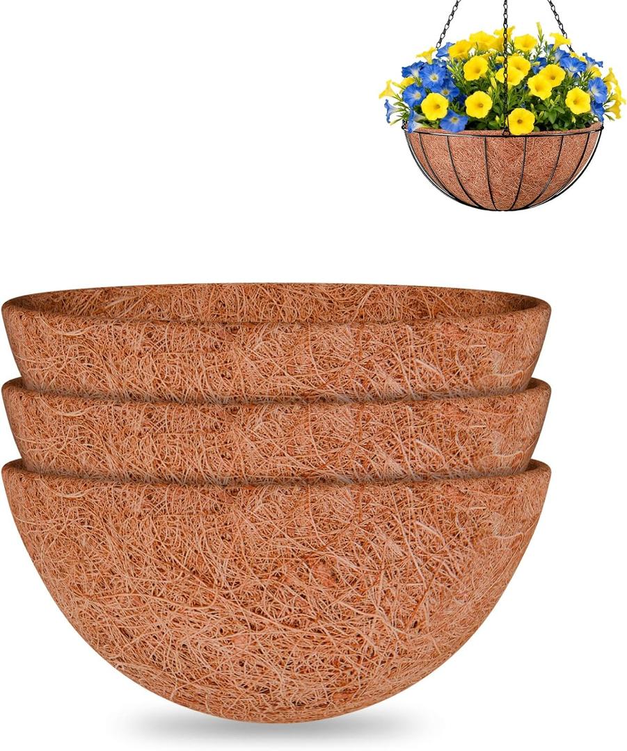 Halatool 3PCS 14 Inch Coco Liners for Hanging Baskets Round Hanging Basket Liners 100% Natural Coconut Husk Liner for Planters for Flowers Vegetables Indoor Outdoor Plants