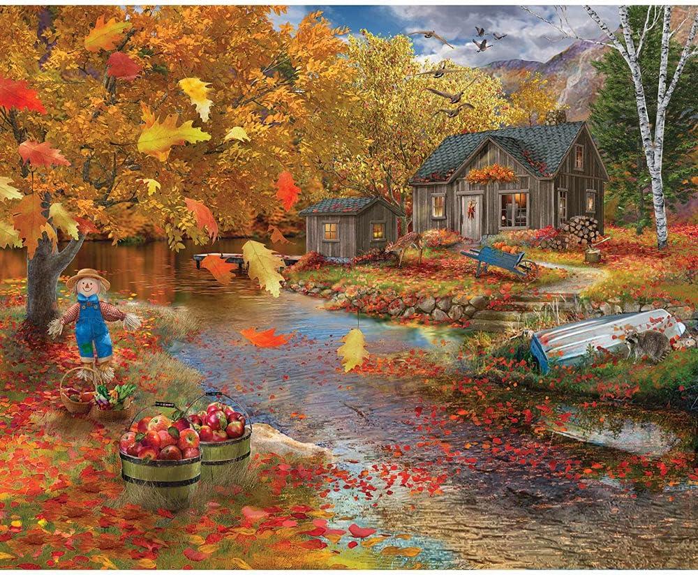 Bits and Pieces  500 Piece Jigsaw Puzzle for Adults  Autumn Cabin - Fall Forest Lake Tree Leaves Scarecrow Rustic Jigsaw Puzzle by Artist Bigelow Illustrations, Completed Puzzle Size: 18" x 24"